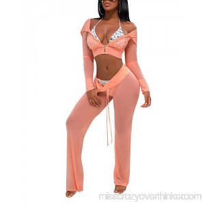 Womens 2 Piece Outfits See Though Sheer Mesh Hoodies Crop Top and Pants Set Pink B07DBRMRYP